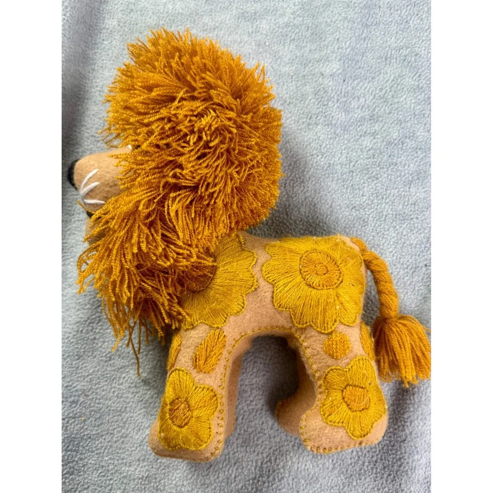 Vintage Handmade Felt Lion Plush Stuffed‎ Animal Floral Embroidery Shaggy Mane